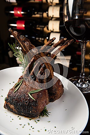 Cooked Rack of Lamb with Red Wine Stock Photo