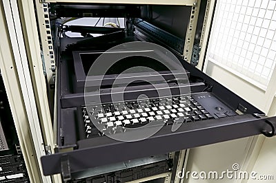 Rack mounted management console of enterprise server. Server management console with tft screen in datacenter Stock Photo