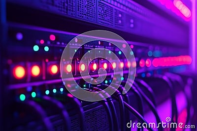 Rack mounted servers with illuminated purple and red lights visualizing data processing server management and digital infrastru Cartoon Illustration