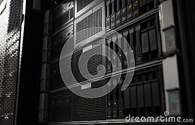 Rack mounted system storage blade servers background selective focus Stock Photo