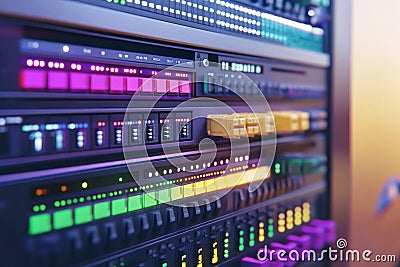 Rack of multicolored network cables connected to a server illustrating organized data management and high speed internet infras Cartoon Illustration