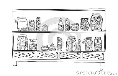 Rack with pickled jars with vegetables, fruits, herbs and berries on shelves. Autumn marinated food. Contour Vector Illustration