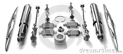 Rack, stabilizer, silent steering rod tip, hub bearing and brake pads. Stock Photo