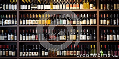 A rack of various types of wine bottles in a store created with generative AI Stock Photo