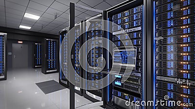 Rackmount LED console in server room data center Cartoon Illustration