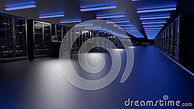 Rackmount LED console in server room data center. Server. Room servers data center. Backup, mining, hosting, mainframe Cartoon Illustration