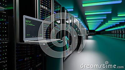 Rackmount LED console in server room data center. Server. Room servers data center. Backup, mining, hosting, mainframe Cartoon Illustration