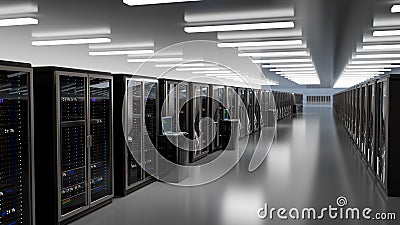Rackmount LED console in server room data center. Server. Room servers data center. Backup, mining, hosting, mainframe Cartoon Illustration