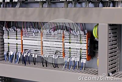 rackmount PLC control panel wiring close up Stock Photo