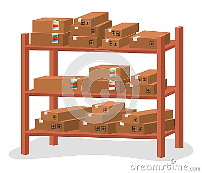 Racks with boxes isolated. Cardboard containers stand on wooden shelves, storage equipment Vector Illustration