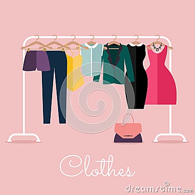 Racks with clothes on hangers. Flat design style modern vector Vector Illustration