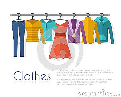 Racks with clothes on hangers. Vector Illustration