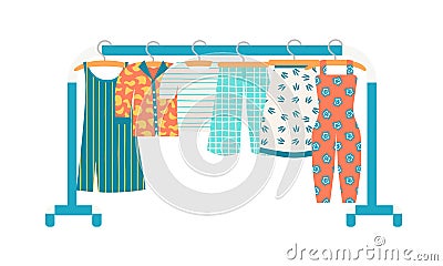 Racks with clothes on hangers. T-shirt, sundress, skirt, shirt, overalls and culottes in trendy color. Flat vector Vector Illustration