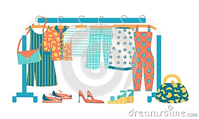 Racks with clothes on hangers. T-shirt, sundress, skirt, shirt, overalls and culottes in trendy color. Sneakers, shoes Vector Illustration