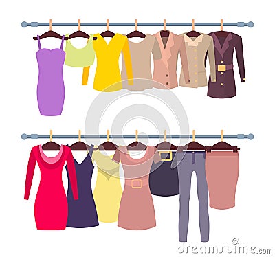 Racks with Female Tops and Dresses on Hangers Vector Illustration