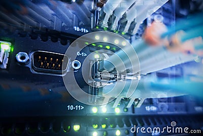 Racks optical fiber. Fiber optic equipment in a data center. Stock Photo