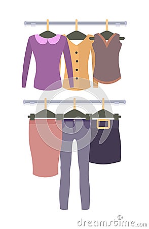 Racks with Top and Bottom Female Garments Set Vector Illustration