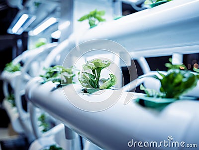 Racks with young microgreens in pots under led lamps in hydroponics vertical farms. Stock Photo