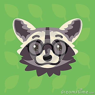 Racoon emotional head. Vector illustration of cute coon in glasses shows nerd emotion. Smart emoji. Smiley. Print, chat Vector Illustration