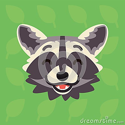 Racoon emotional head. Vector illustration of cute coon shows happy emotion. Laugh emoji. Smiley icon. Print, chat Vector Illustration
