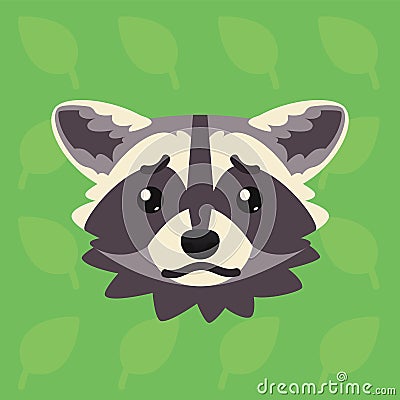 Racoon emotional head. Vector illustration of cute coon shows negative emotion. Sad emoji. Smiley icon. Print, chat Vector Illustration