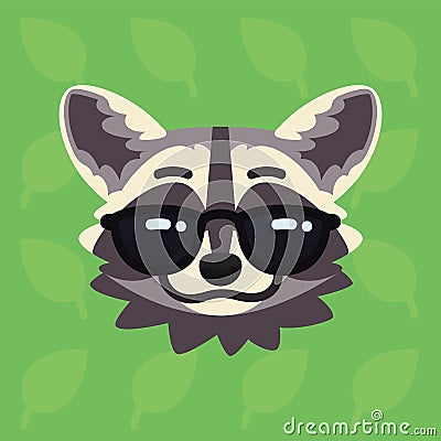 Racoon emotional head. Vector illustration of cute coon in sunglasses shows cool emotion. Awesome emoji. Smiley icon Vector Illustration