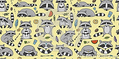 Racoons Family. Funny Characters. Seamless pattern for your design Vector Illustration