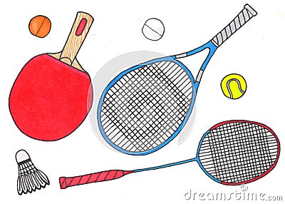 Racquets and balls, sport set. Hand-drawn Stock Photo