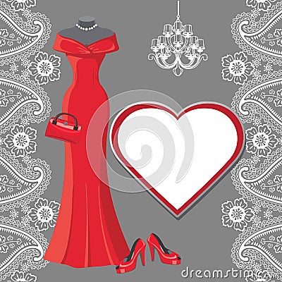 Rad party dress with chandelier,label,paisley border Vector Illustration