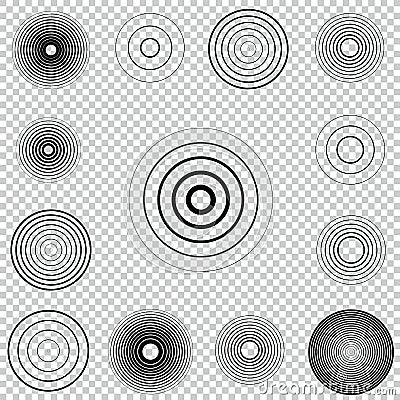 Radar screen concentric circle element set. Sound wave. Circle spin target. Radio station signal. Vector Illustration