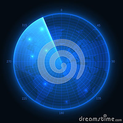 Radar screen. Military blue sonar. Navigation interface vector map Vector Illustration