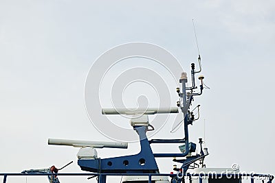 radar and sonar at ship rooftop in river on sunset Stock Photo