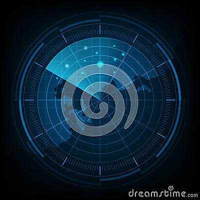 Digital blue realistic radar screen, Abstract radar with targets, Military search system, Vector illustration. Vector Illustration