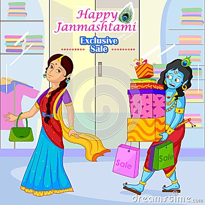Radha and Krishna doing Janmashtami sale shopping Vector Illustration