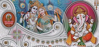 Radha krishna and Ganesha beautiful wallpaper rendering, illustration wallpaper, wall poster. Cartoon Illustration