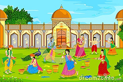 Radha Krishna playing Holi Vector Illustration