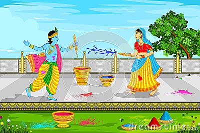 Radha Krishna playing Holi Vector Illustration