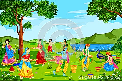 Radha Krishna playing Holi Vector Illustration