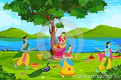 Radha Krishna playing Holi Vector Illustration