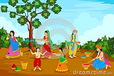 Radha Krishna playing Holi Vector Illustration