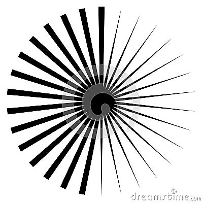 Radial burst lines circular element. Starburst, sunburst graphics. Concentric rays, beams. Sparkle, gleam, twinkle trail lines. Vector Illustration