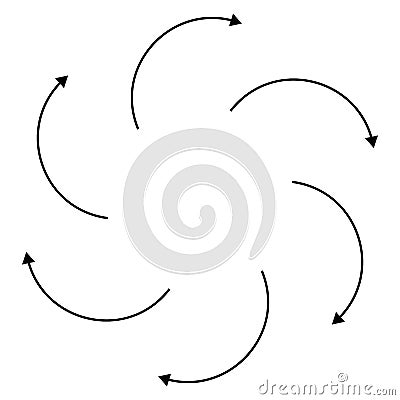 Radial, circular arrows pointing from center. Concentric pointers for extrusion, protrusion themes. Diffuse, dissension, bloat Vector Illustration