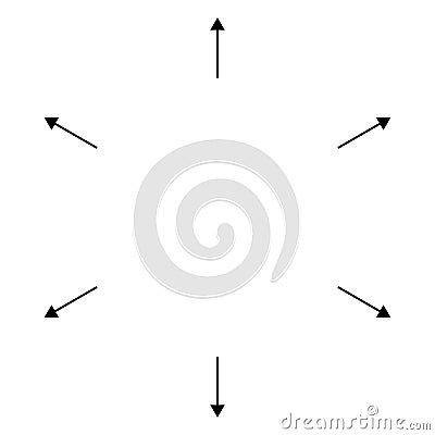 Radial, circular arrows pointing from center. Concentric pointers for extrusion, protrusion themes. Diffuse, dissension, bloat Vector Illustration