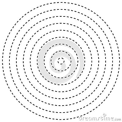 Radial dashed line circles. Circular, concentric element with gap lines. Periodic, infrequent line circles. Orbitting piece, bit Vector Illustration