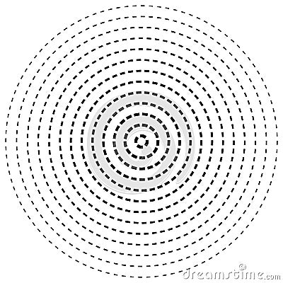 Radial dashed line circles. Circular, concentric element with gap lines. Periodic, infrequent line circles. Orbitting piece, bit Vector Illustration