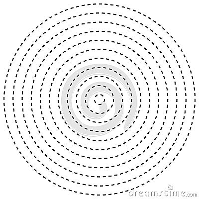 Radial dashed line circles. Circular, concentric element with gap lines. Periodic, infrequent line circles. Orbitting piece, bit Vector Illustration