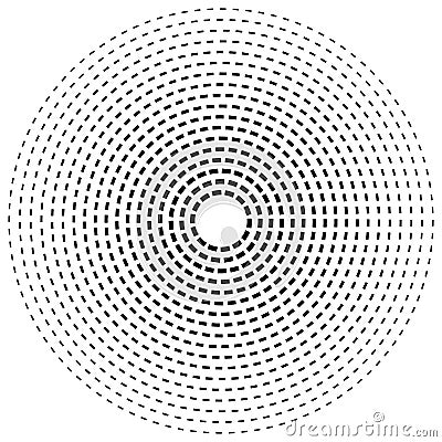 Radial dashed line circles. Circular, concentric element with gap lines. Periodic, infrequent line circles. Orbitting piece, bit Vector Illustration