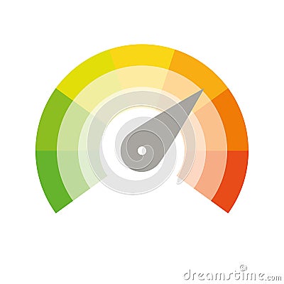 Radial gauge scale from red to green with arrow hand pointer. Satisfaction, temperature, risk, rating, performance and Vector Illustration