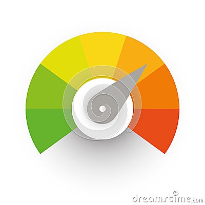 Radial gauge scale from red to green with arrow hand pointer. Satisfaction, temperature, risk, rating, performance and Vector Illustration