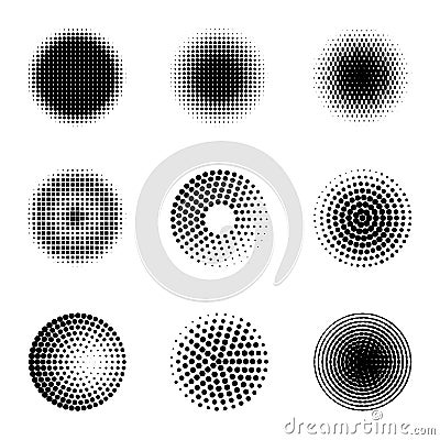 Radial halftone. Different gradient circles, halftone dots graphic digital technology texture, stippling perforated Vector Illustration